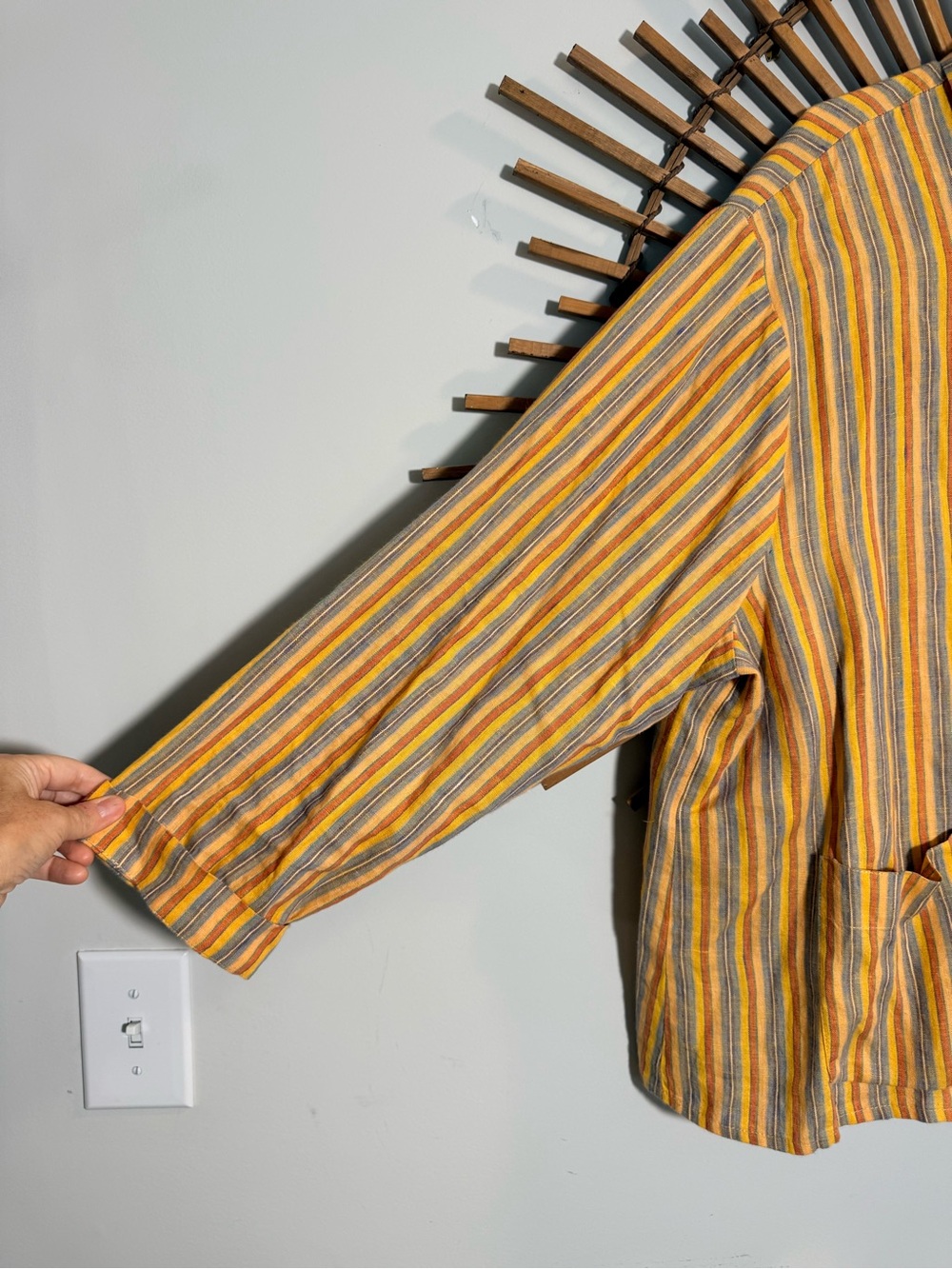 Flax Women’s Yellow Linen Multi Striped Button Down Jacket w Pockets Lagenlook L - Picture 5 of 14